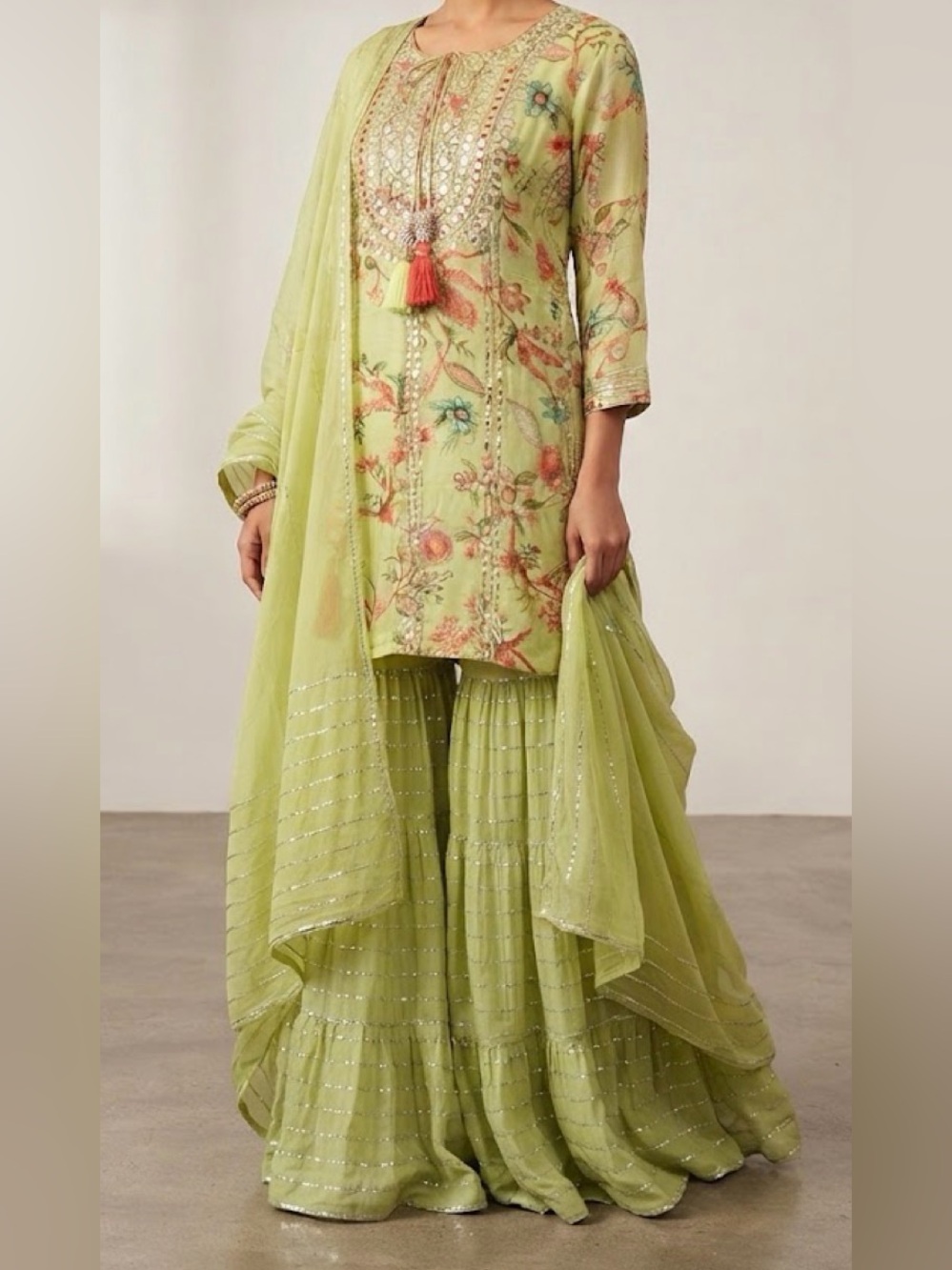 Green  kurta sharara  pants and duppatta Festive indian Pakistani wear.  M